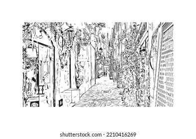 Building view with landmark of Palma is the 
city in Spain. Hand drawn sketch illustration in vector.