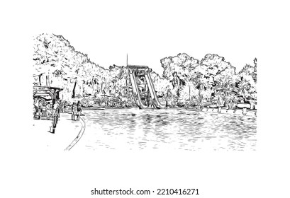 Building view with landmark of Palma is the 
city in Spain. Hand drawn sketch illustration in vector.