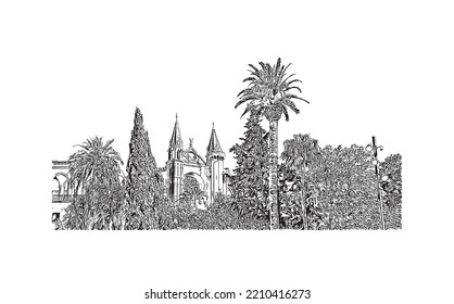 Building view with landmark of Palma is the 
city in Spain. Hand drawn sketch illustration in vector.