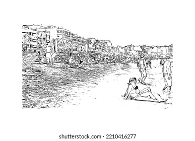 Building view with landmark of Palma is the 
city in Spain. Hand drawn sketch illustration in vector.