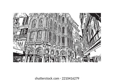 Building view with landmark of Palma is the 
city in Spain. Hand drawn sketch illustration in vector.