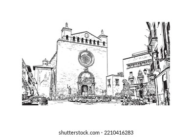 Building view with landmark of Palma is the 
city in Spain. Hand drawn sketch illustration in vector.
