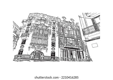 Building view with landmark of Palma is the 
city in Spain. Hand drawn sketch illustration in vector.