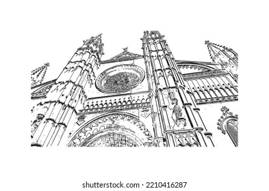 Building view with landmark of Palma is the 
city in Spain. Hand drawn sketch illustration in vector.