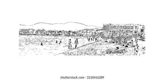 Building view with landmark of Palma is the 
city in Spain. Hand drawn sketch illustration in vector.