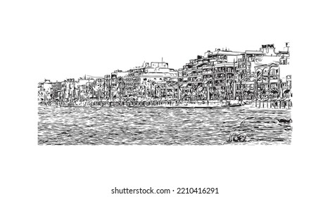 Building view with landmark of Palma is the 
city in Spain. Hand drawn sketch illustration in vector.