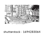 Building view with landmark of Palma is a resort city and capital of the Spanish island of Mallorca (Majorca), in the western Mediterranean. Hand drawn sketch illustration in vector.
