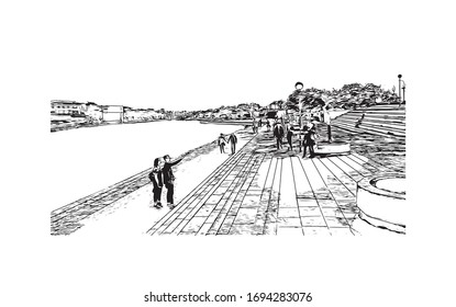 Building view with landmark of Palma is a resort city and capital of the Spanish island of Mallorca (Majorca), in the western Mediterranean. Hand drawn sketch illustration in vector.