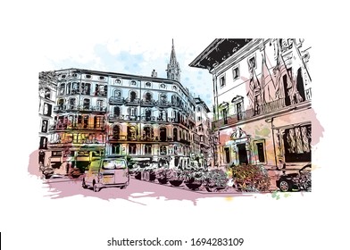 Building view with landmark of Palma is a resort city and capital of the Spanish island of Mallorca (Majorca), in the western Mediterranean. Watercolor splash Hand drawn sketch illustration in vector.