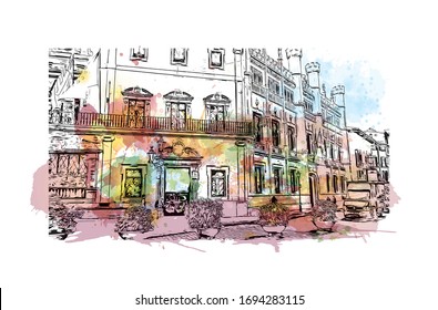Building view with landmark of Palma is a resort city and capital of the Spanish island of Mallorca (Majorca), in the western Mediterranean. Watercolor splash Hand drawn sketch illustration in vector.
