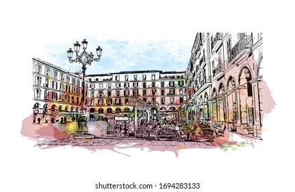 Building view with landmark of Palma is a resort city and capital of the Spanish island of Mallorca (Majorca), in the western Mediterranean. Watercolor splash Hand drawn sketch illustration in vector.