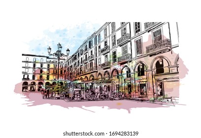 Building view with landmark of Palma is a resort city and capital of the Spanish island of Mallorca (Majorca), in the western Mediterranean. Watercolor splash Hand drawn sketch illustration in vector.