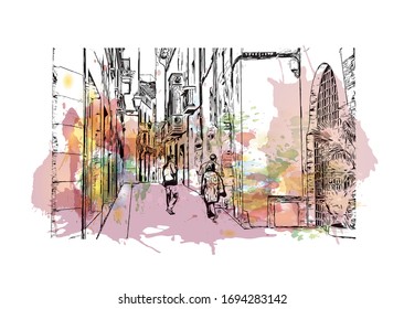 Building view with landmark of Palma is a resort city and capital of the Spanish island of Mallorca (Majorca), in the western Mediterranean. Watercolor splash Hand drawn sketch illustration in vector.