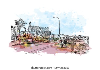 El edificio con vistas a Palma es una ciudad turística y capital de la isla española de Mallorca, en el Mediterráneo occidental. Dibujo de dibujo dibujado con la mano de color de agua en el vector.