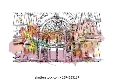 Building view with landmark of Palma is a resort city and capital of the Spanish island of Mallorca (Majorca), in the western Mediterranean. Watercolor splash Hand drawn sketch illustration in vector.