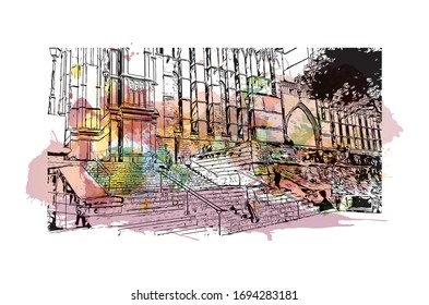 Building view with landmark of Palma is a resort city and capital of the Spanish island of Mallorca (Majorca), in the western Mediterranean. Watercolor splash Hand drawn sketch illustration in vector.