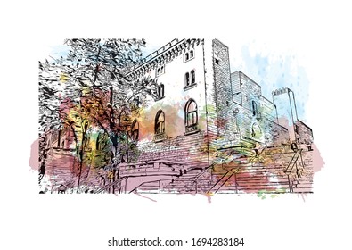 Building view with landmark of Palma is a resort city and capital of the Spanish island of Mallorca (Majorca), in the western Mediterranean. Watercolor splash Hand drawn sketch illustration in vector.