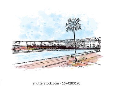 Building view with landmark of Palma is a resort city and capital of the Spanish island of Mallorca (Majorca), in the western Mediterranean. Watercolor splash Hand drawn sketch illustration in vector.