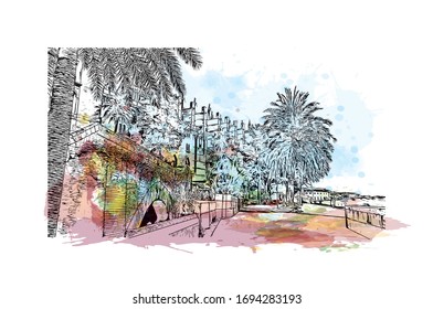Building view with landmark of Palma is a resort city and capital of the Spanish island of Mallorca (Majorca), in the western Mediterranean. Watercolor splash Hand drawn sketch illustration in vector.