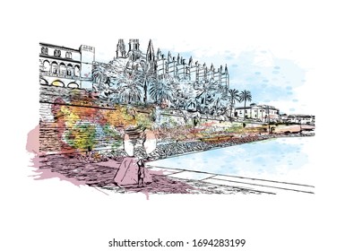 Building view with landmark of Palma is a resort city and capital of the Spanish island of Mallorca (Majorca), in the western Mediterranean. Watercolor splash Hand drawn sketch illustration in vector.