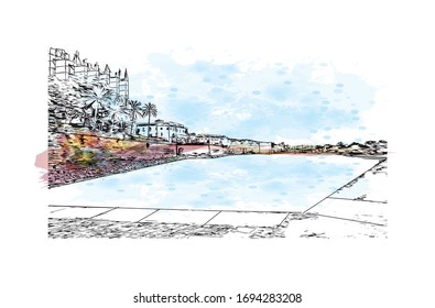 Building view with landmark of Palma is a resort city and capital of the Spanish island of Mallorca (Majorca), in the western Mediterranean. Watercolor splash Hand drawn sketch illustration in vector.