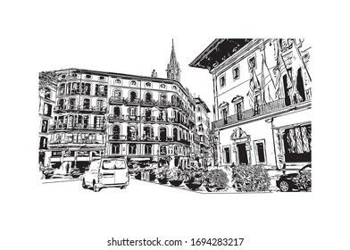 Building view with landmark of Palma is a resort city and capital of the Spanish island of Mallorca (Majorca), in the western Mediterranean. Hand drawn sketch illustration in vector.