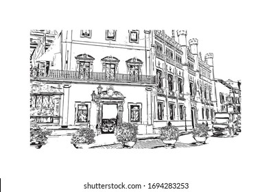 Building view with landmark of Palma is a resort city and capital of the Spanish island of Mallorca (Majorca), in the western Mediterranean. Hand drawn sketch illustration in vector.