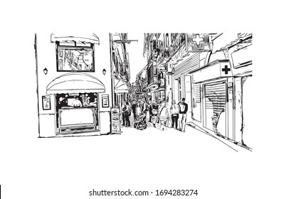 Building view with landmark of Palma is a resort city and capital of the Spanish island of Mallorca (Majorca), in the western Mediterranean. Hand drawn sketch illustration in vector.