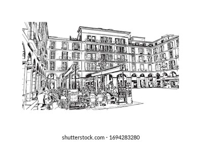 Building view with landmark of Palma is a resort city and capital of the Spanish island of Mallorca (Majorca), in the western Mediterranean. Hand drawn sketch illustration in vector.