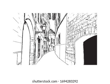 Building view with landmark of Palma is a resort city and capital of the Spanish island of Mallorca (Majorca), in the western Mediterranean. Hand drawn sketch illustration in vector.