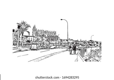 El edificio con vistas a Palma es una ciudad turística y capital de la isla española de Mallorca, en el Mediterráneo occidental. Dibujo dibujado a mano en vector.