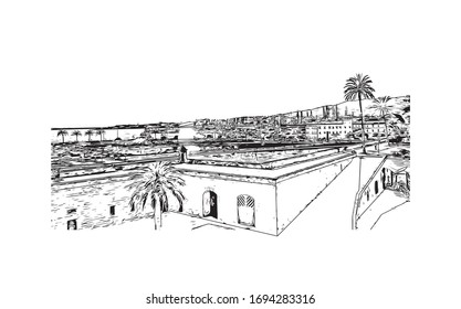 Building view with landmark of Palma is a resort city and capital of the Spanish island of Mallorca (Majorca), in the western Mediterranean. Hand drawn sketch illustration in vector.