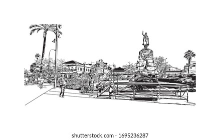 Building view with landmark of Palma is a resort city and capital of the Spanish island of Mallorca (Majorca), in the western Mediterranean. Hand drawn sketch illustration in vector.