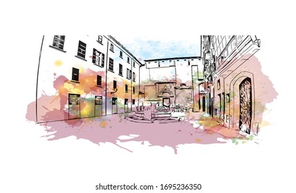 Building view with landmark of Palma is a resort city and capital of the Spanish island of Mallorca (Majorca), in the western Mediterranean. Watercolor splash Hand drawn sketch illustration in vector.