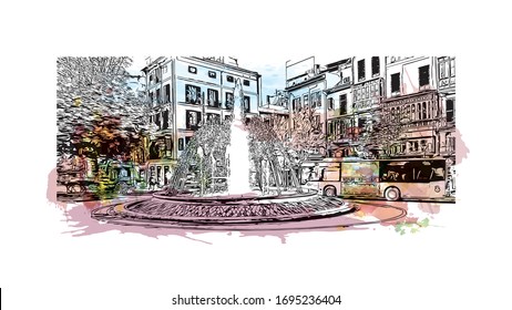 Building view with landmark of Palma is a resort city and capital of the Spanish island of Mallorca (Majorca), in the western Mediterranean. Watercolor splash Hand drawn sketch illustration in vector.