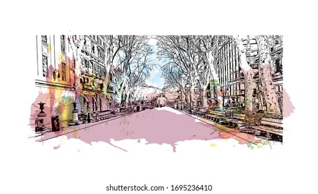 Building view with landmark of Palma is a resort city and capital of the Spanish island of Mallorca (Majorca), in the western Mediterranean. Watercolor splash Hand drawn sketch illustration in vector.