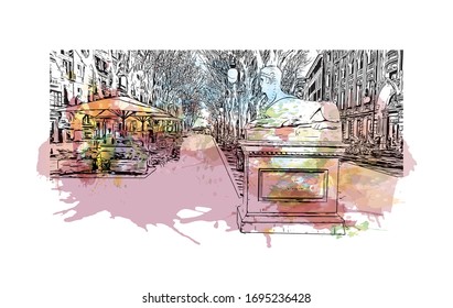 Building view with landmark of Palma is a resort city and capital of the Spanish island of Mallorca (Majorca), in the western Mediterranean. Watercolor splash Hand drawn sketch illustration in vector.