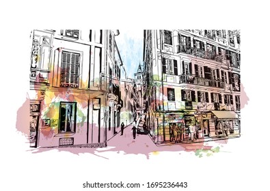 Building view with landmark of Palma is a resort city and capital of the Spanish island of Mallorca (Majorca), in the western Mediterranean. Watercolor splash Hand drawn sketch illustration in vector.