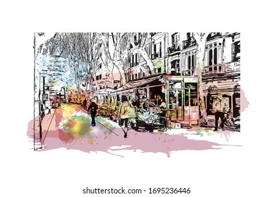 Building view with landmark of Palma is a resort city and capital of the Spanish island of Mallorca (Majorca), in the western Mediterranean. Watercolor splash Hand drawn sketch illustration in vector.