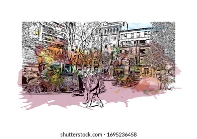 Building view with landmark of Palma is a resort city and capital of the Spanish island of Mallorca (Majorca), in the western Mediterranean. Watercolor splash Hand drawn sketch illustration in vector.