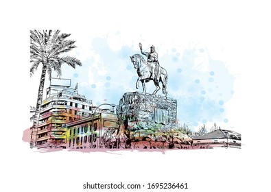 Building view with landmark of Palma is a resort city and capital of the Spanish island of Mallorca (Majorca), in the western Mediterranean. Watercolor splash Hand drawn sketch illustration in vector.