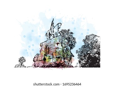 Building view with landmark of Palma is a resort city and capital of the Spanish island of Mallorca (Majorca), in the western Mediterranean. Watercolor splash Hand drawn sketch illustration in vector.