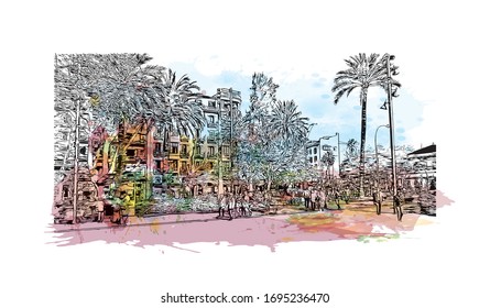 Building view with landmark of Palma is a resort city and capital of the Spanish island of Mallorca (Majorca), in the western Mediterranean. Watercolor splash Hand drawn sketch illustration in vector.