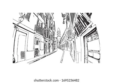Building view with landmark of Palma is a resort city and capital of the Spanish island of Mallorca (Majorca), in the western Mediterranean. Hand drawn sketch illustration in vector.
