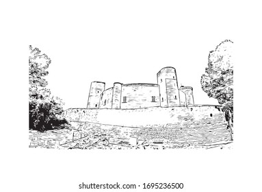 Building view with landmark of Palma is a resort city and capital of the Spanish island of Mallorca (Majorca), in the western Mediterranean. Hand drawn sketch illustration in vector.
