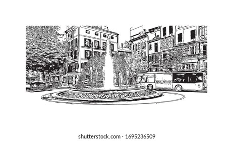 Building view with landmark of Palma is a resort city and capital of the Spanish island of Mallorca (Majorca), in the western Mediterranean. Hand drawn sketch illustration in vector.
