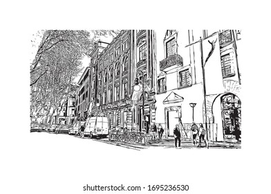 Building view with landmark of Palma is a resort city and capital of the Spanish island of Mallorca (Majorca), in the western Mediterranean. Hand drawn sketch illustration in vector.