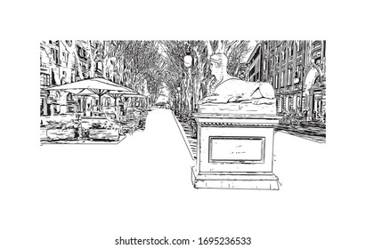 Building view with landmark of Palma is a resort city and capital of the Spanish island of Mallorca (Majorca), in the western Mediterranean. Hand drawn sketch illustration in vector.