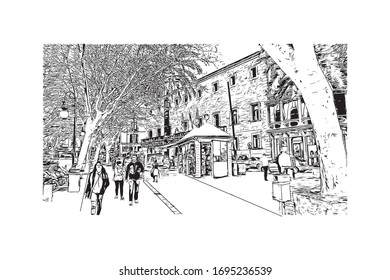 Building view with landmark of Palma is a resort city and capital of the Spanish island of Mallorca (Majorca), in the western Mediterranean. Hand drawn sketch illustration in vector.