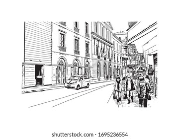 Building view with landmark of Palma is a resort city and capital of the Spanish island of Mallorca (Majorca), in the western Mediterranean. Hand drawn sketch illustration in vector.